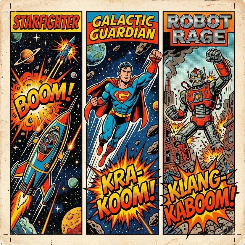 Comic panels showing Starfighter, Galactic Guardian, and Robot Rage